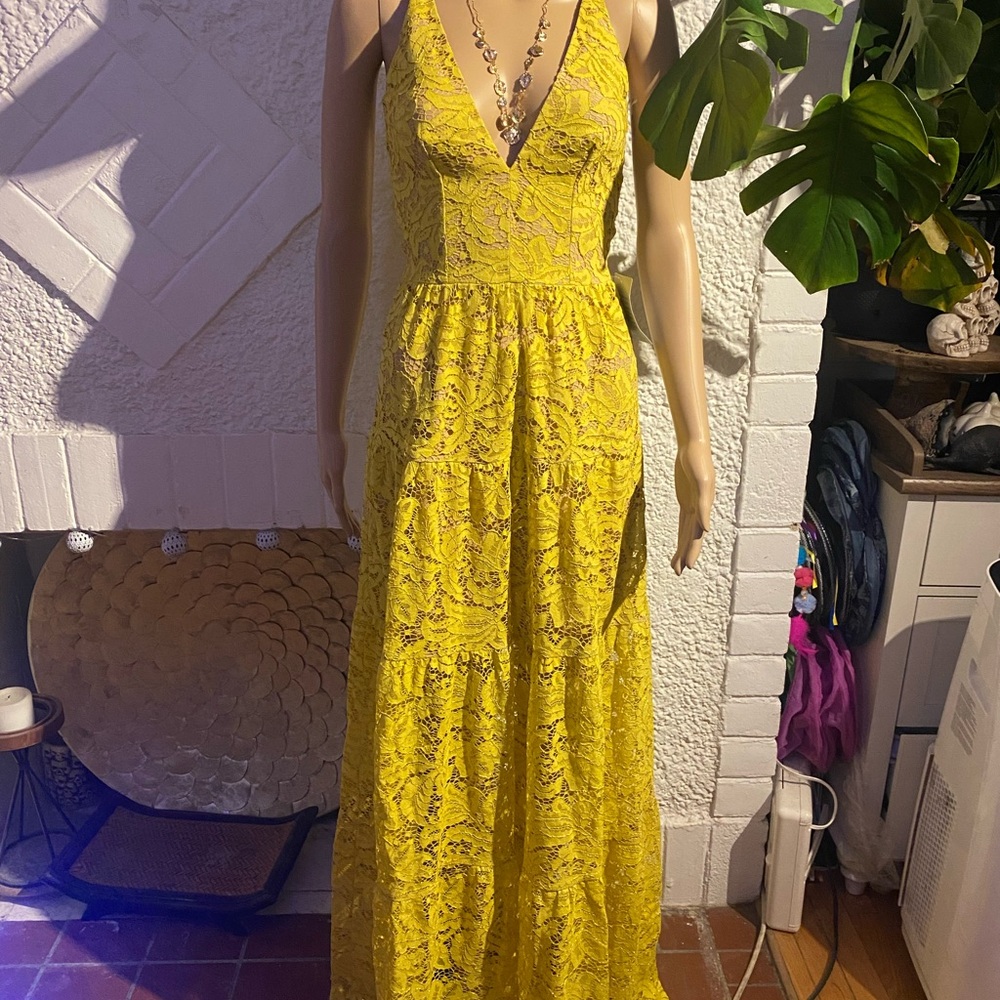 Dress the Population Yellow Lace Maxi Dress